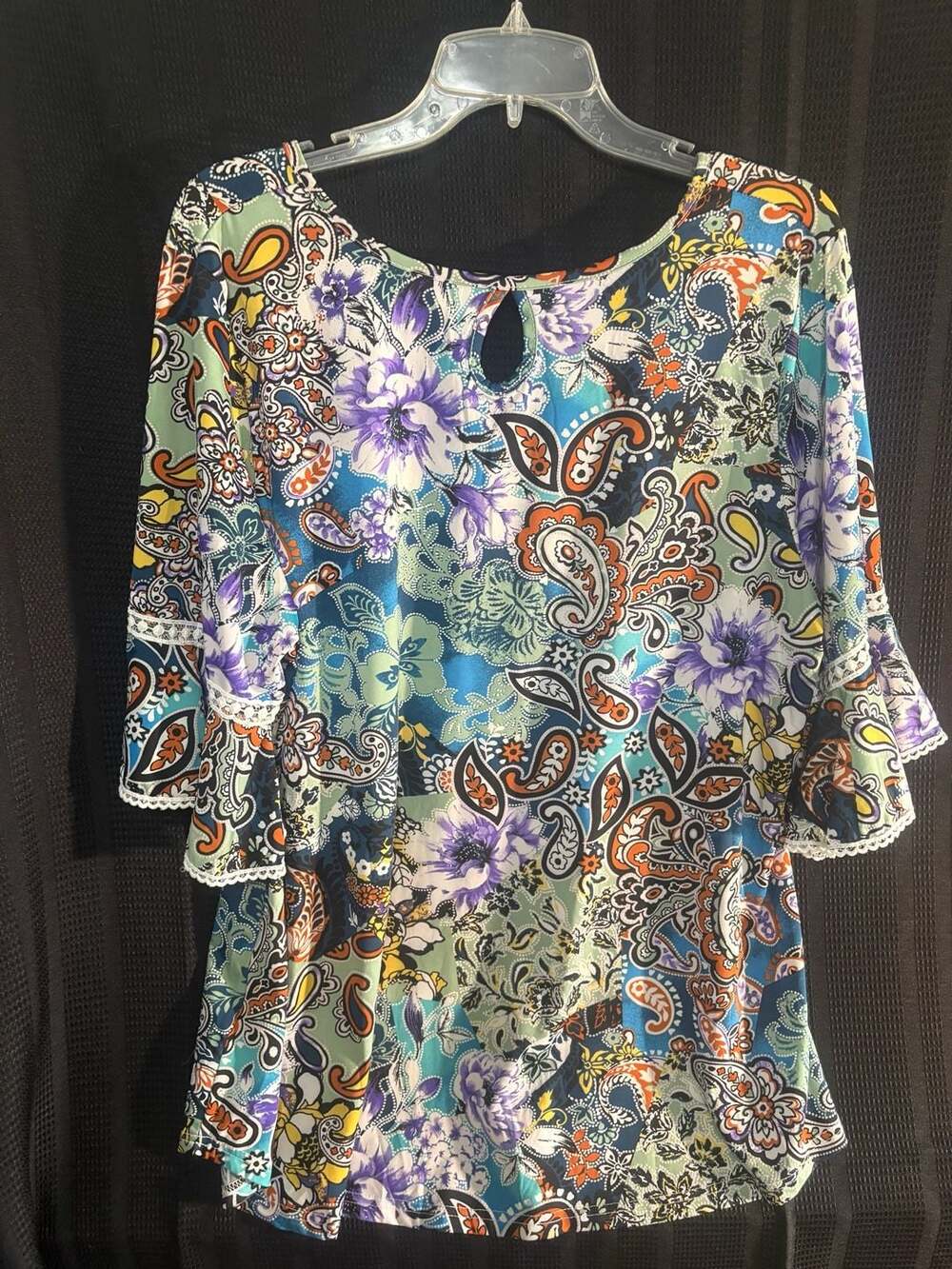 Stem & Vine Women's Plus Size 2X Paisley Floral Bell Sleeve Tunic Blouse